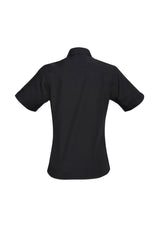 Ladies Bondi Short Sleeve Shirt in black, size 18, featuring twin chest pockets and curved hem for versatile styling.