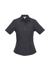 Charcoal short sleeve shirt for women, size 10, featuring twin chest pockets and a stylish curved hem from Biz Collection.