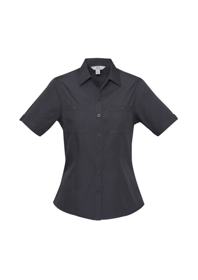 Charcoal short sleeve shirt for women, size 10, featuring twin chest pockets and a stylish curved hem from Biz Collection.