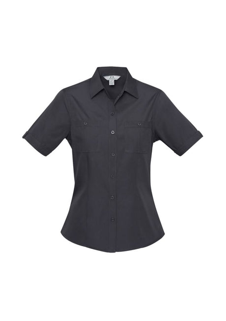 Charcoal Ladies Bondi Short Sleeve Shirt (Size 24) with twin pockets, curved hem, and excellent sun protection.