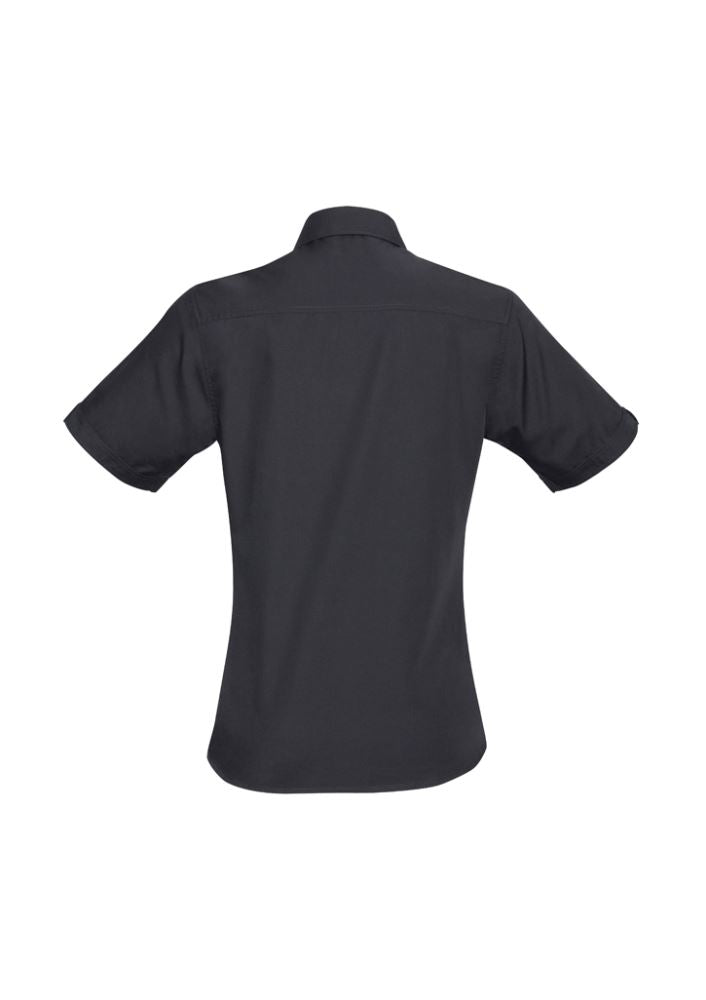 Ladies Bondi Short Sleeve Shirt in charcoal, size 18, featuring twin chest pockets and a curved hem for versatile styling.
