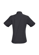 Ladies Bondi Short Sleeve Shirt in charcoal, size 18, featuring twin chest pockets and a curved hem for versatile styling.