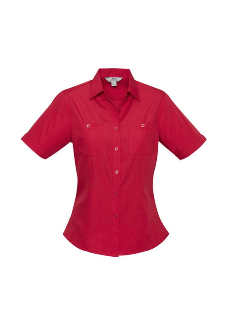 Deep red short sleeve shirt for women, featuring dual chest pockets and a stylish curved hem, size 8 from Biz Collection.