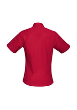 Ladies Bondi Short Sleeve Shirt in deep red, size 24, featuring twin pockets, curved hem, and excellent UPF protection.