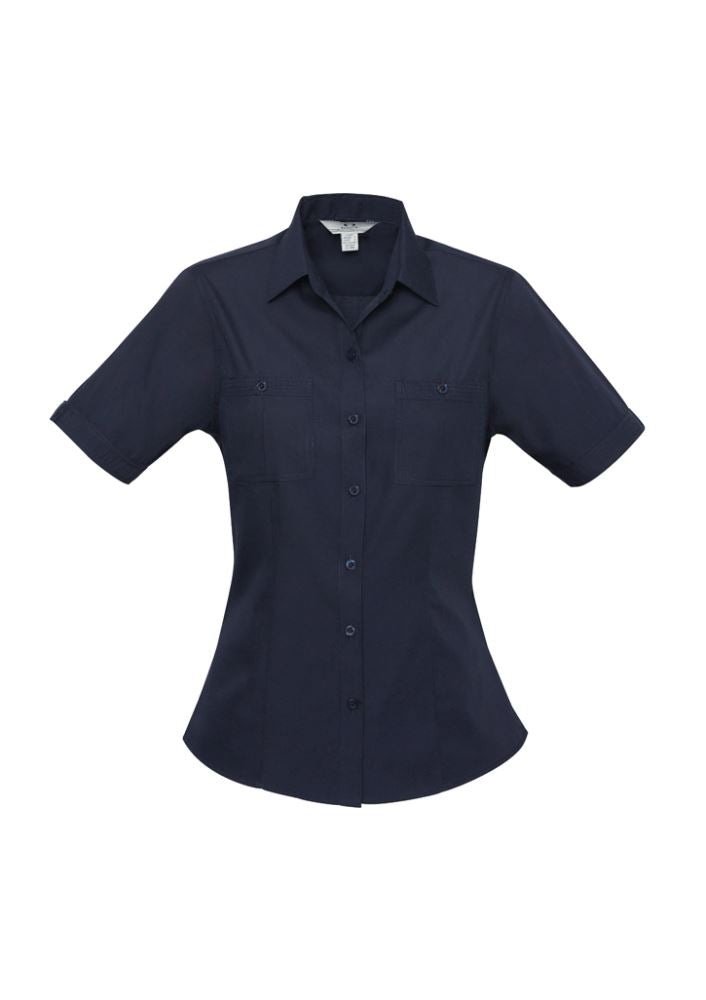 Navy short sleeve shirt, Size 20, with twin chest pockets and curved hem, perfect for stylish comfort and sun protection.
