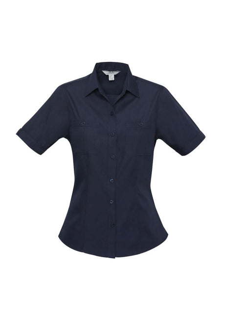 Navy short sleeve shirt, Size 20, with twin chest pockets and curved hem, perfect for stylish comfort and sun protection.