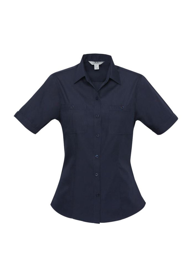Navy short sleeve ladies' shirt with twin chest pockets, curved hem, and UPF protection, size 6 from Biz Collection.