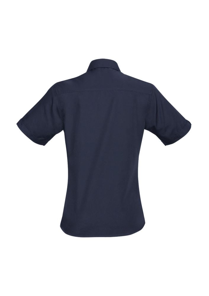 Navy short sleeve shirt for women, size 22, with stylish twin chest pockets and a curved hem for versatile wear.