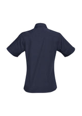 Navy short sleeve shirt for women, size 22, with stylish twin chest pockets and a curved hem for versatile wear.