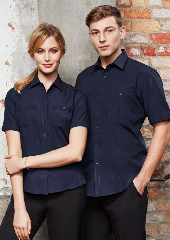 Charcoal short sleeve shirt for women, size 10, featuring twin chest pockets and a flattering curved hem from Biz Collection.