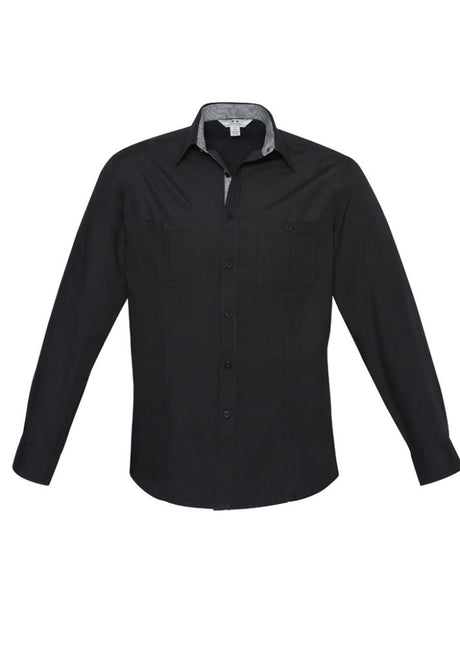 Men's Black/Check Bondi Long Sleeve Shirt, size S, features stylish twin pockets, roll-up sleeves, and excellent UPF protection.
