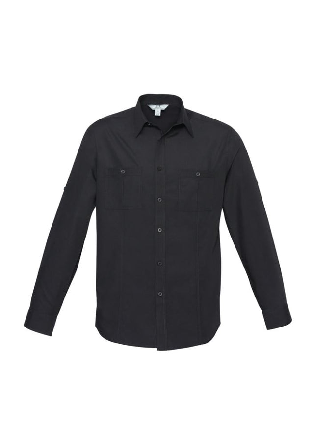 Men's Bondi Long Sleeve Shirt in black, size XS, featuring twin chest pockets, roll-up sleeves, and curved hem for versatile style.