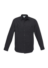 Men's black long sleeve shirt from Biz Collection, featuring twin chest pockets, roll-up sleeves, and a stylish curved hem.