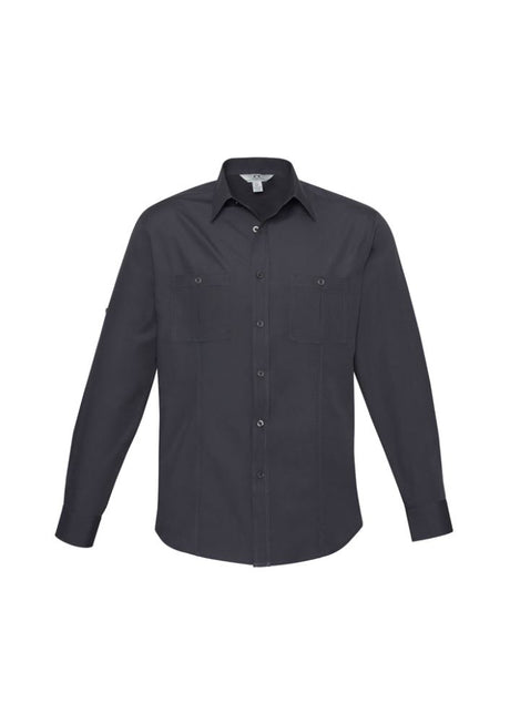 Men's charcoal long sleeve shirt in 3XL, featuring UPF protection, twin chest pockets, and roll-up sleeves for versatility.