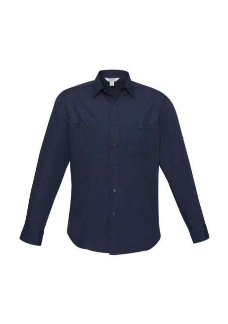 Navy long sleeve shirt for men, size S, features twin chest pockets, UPF protection, and versatile roll-up sleeves.