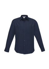 Men's Navy Bondi Long Sleeve Shirt Size L, featuring stylish twin pockets, roll-up sleeves, and excellent UPF protection.
