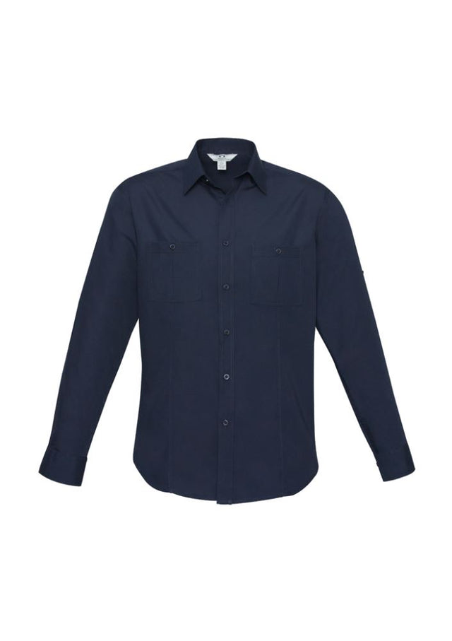 Men's Navy Bondi Long Sleeve Shirt in 5XL, featuring twin chest pockets, UPF protection, and roll-up sleeves for versatility.