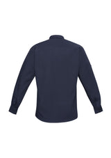 Men's Navy Bondi Long Sleeve Shirt in Size S with UPF protection, twin chest pockets, and roll-up sleeves for versatile style.