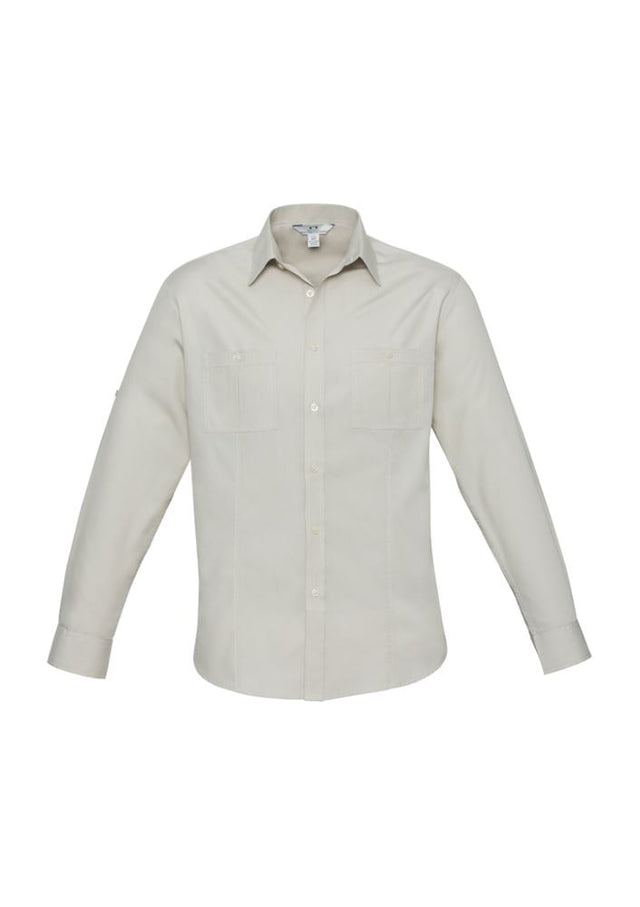 Men's Bondi Long Sleeve Shirt in Sand, Size S, featuring stylish twin pockets, roll-up sleeves, and excellent sun protection.