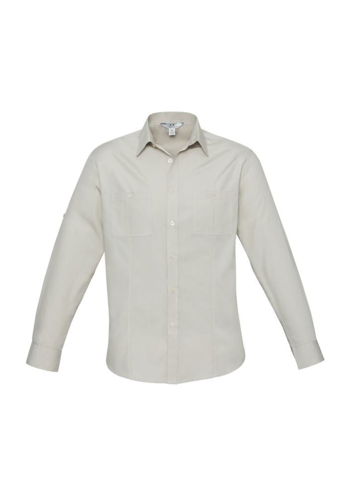 Men's Bondi Long Sleeve Shirt in Sand, size M, featuring twin chest pockets, roll-up sleeves, and excellent UPF sun protection.