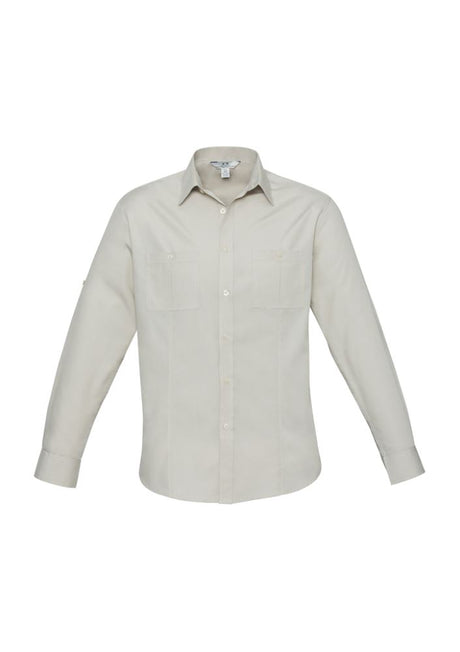 Men's Bondi Long Sleeve Shirt in Sand, featuring twin chest pockets, UPF protection, and roll-up sleeves for versatile style.