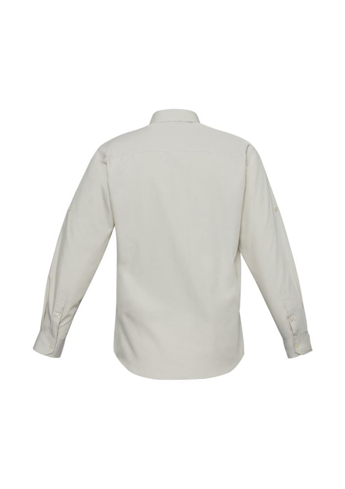 Men's Bondi Long Sleeve Shirt in Sand, 2XL, featuring twin chest pockets, roll-up sleeves, and curved hem for versatile style.