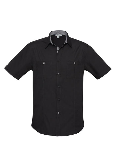 Men's Bondi Short Sleeve Shirt in black/check, featuring twin chest pockets and excellent UV protection, Size M.