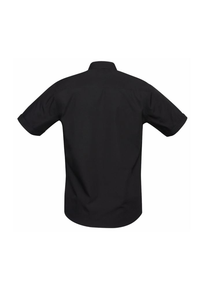 Men's black short sleeve shirt with twin chest pockets, UPF protection, and curved hem for versatile styling. Size M.