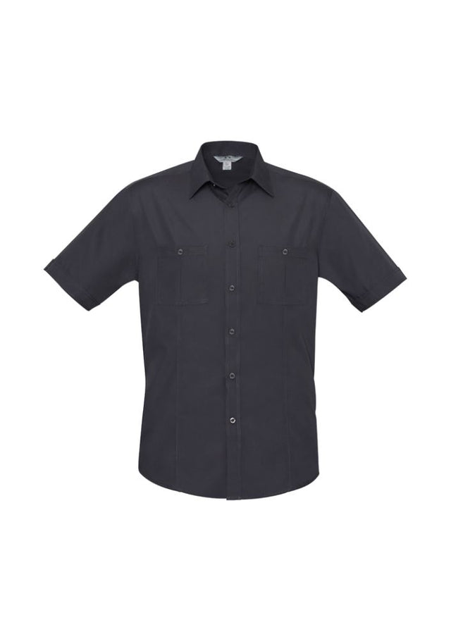 Men's Charcoal Bondi Short Sleeve Shirt by Biz Collection, featuring twin chest pockets and UPF protection for versatile style.
