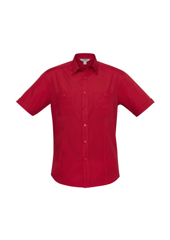 Men's Deep Red Bondi Short Sleeve Shirt in 2XL, featuring chest pockets, twin pleats, and a stylish curved hem for comfort.