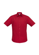 Men's Deep Red Bondi Short Sleeve Shirt in 2XL, featuring chest pockets, twin pleats, and a stylish curved hem for comfort.