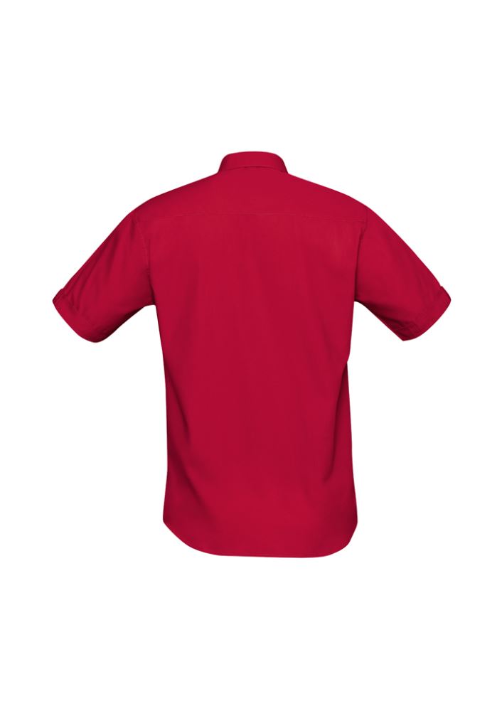 Men's deep red Bondi short sleeve shirt featuring twin pockets, UPF protection, and a stylish curved hem, size L.
