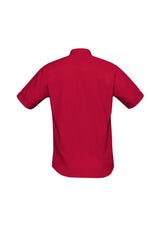 Men's deep red Bondi short sleeve shirt in size 5XL, featuring twin chest pockets, UPF protection, and a curved hem.