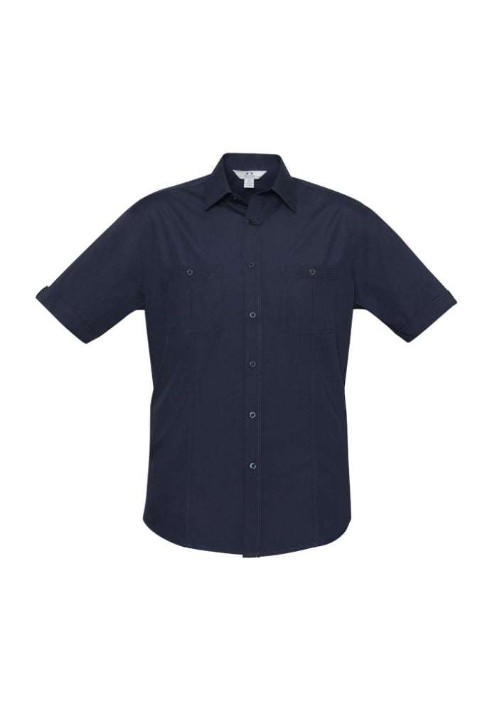 Men's navy short sleeve shirt from Biz Collection, featuring twin chest pockets, UPF protection, and a curved hem for versatile styling.