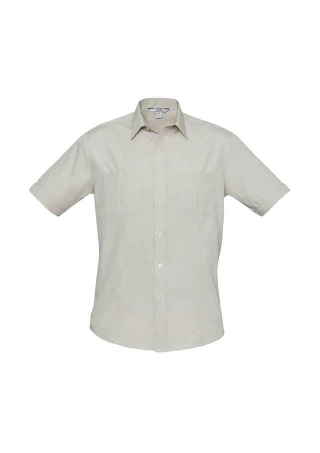 Mens Bondi Short Sleeve Shirt in Sand, Size XS, featuring twin chest pockets, curved hem, and excellent UV protection.
