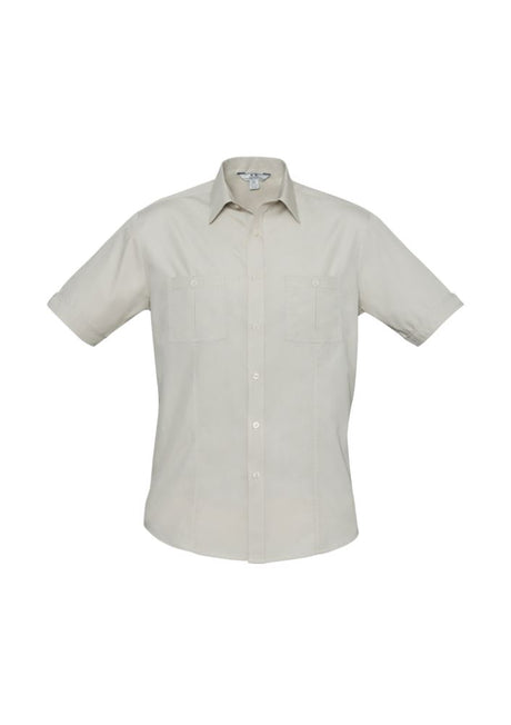 Men's Bondi Short Sleeve Shirt in Sand, Size 3XL, featuring twin chest pockets, UPF protection, and a stylish curved hem.