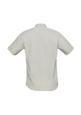 Men's Bondi Short Sleeve Shirt in Sand, featuring twin chest pockets, UPF protection, and a versatile curved hem. Size L.