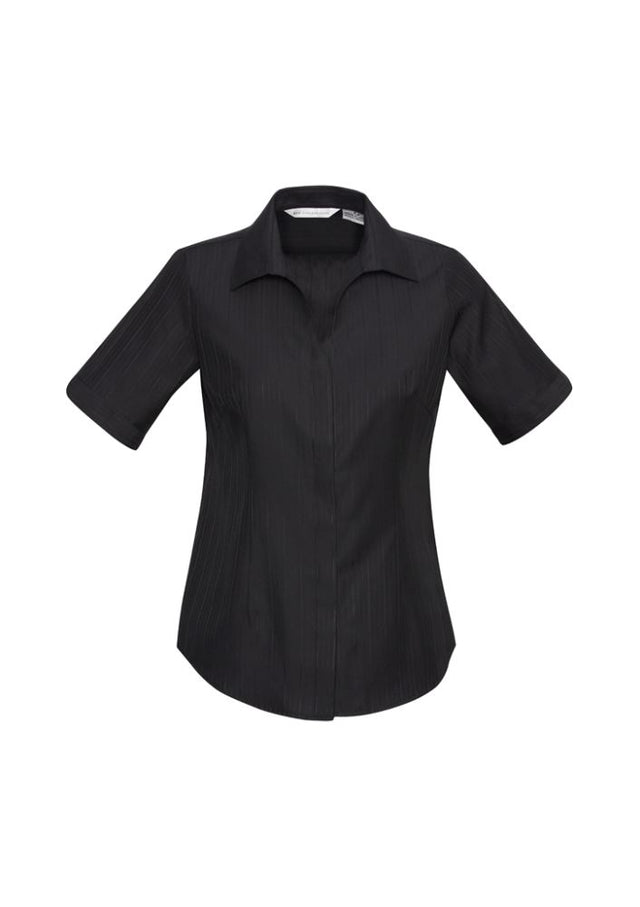 Black short sleeve Ladies Preston shirt, size 10, features easy-care fabric and a stylish cut-away V-neckline.