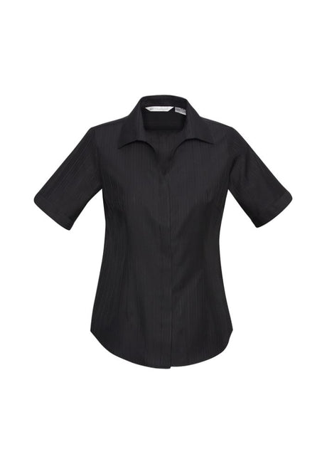 Ladies Preston Short Sleeve Shirt in Black, size 22, featuring a self-stripe pattern and cut-away V-neckline for elegance.