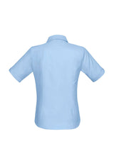 Ladies Preston Short Sleeve Shirt in blue, Size 6, featuring a V-neckline and self-stripe pattern for versatile style.
