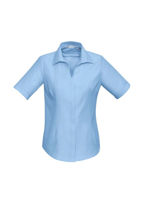 Ladies Preston Short Sleeve Shirt in blue, size 24, featuring V-neckline, self-stripe pattern, and easy-care fabric blend.