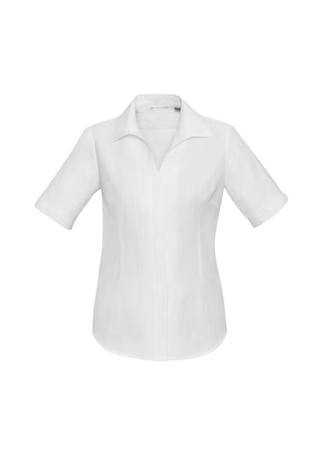 Ladies Preston Short Sleeve Shirt in white, size 10, features self-stripe pattern and unique cut-away V-neckline for versatile styling.