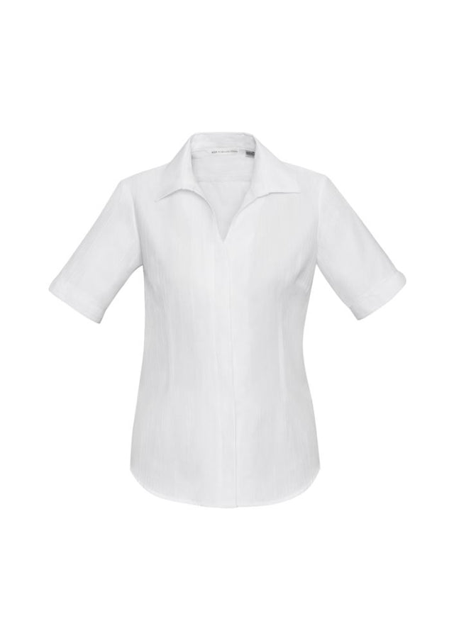 Ladies Preston Short Sleeve Shirt in white, size 10, features self-stripe pattern and unique cut-away V-neckline for versatile styling.