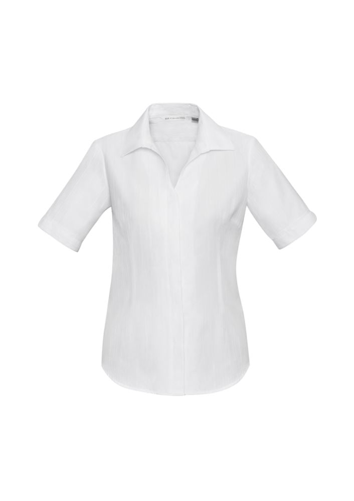 Ladies Preston Short Sleeve Shirt in white, size 20, featuring a cut-away V-neck and easy-care fabric for stylish comfort.