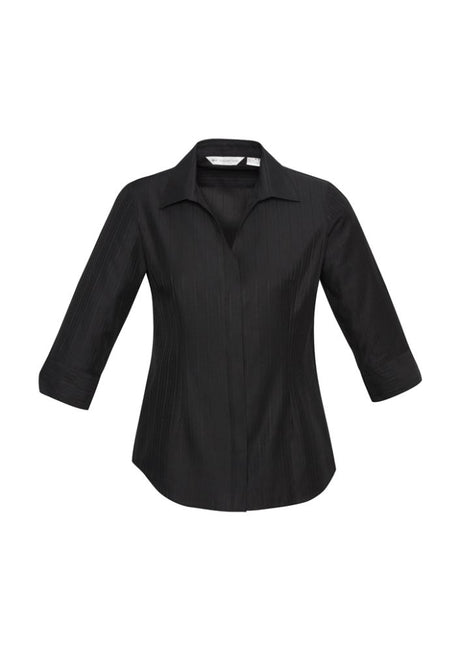 Ladies Preston black 3/4 sleeve shirt, Size 10, features unique V-neckline, easy-care fabric, and self-stripe pattern for stylish comfort.