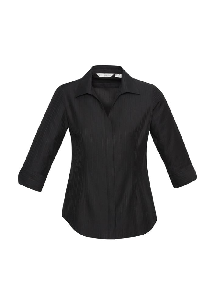 Ladies black 3/4 sleeve shirt with self-stripe, V-neckline, size 12, perfect for casual and professional wear.