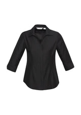 Ladies black 3/4 sleeve shirt with self-stripe, V-neckline, size 12, perfect for casual and professional wear.