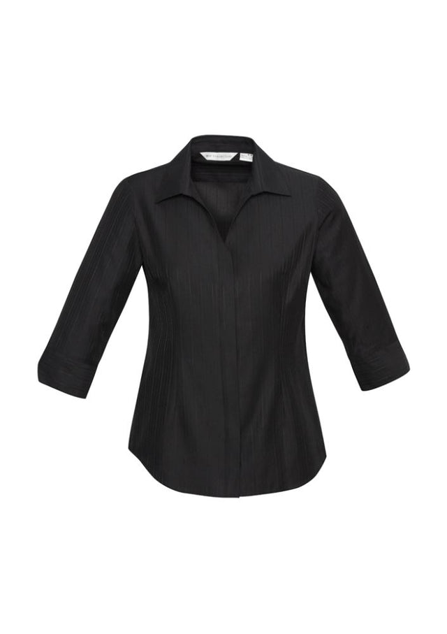 Ladies black 3/4 sleeve shirt with self-stripe, V-neckline, size 12, perfect for casual and professional wear.