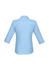Ladies Preston 3/4 Sleeve Shirt in blue, size 18; features easy-care fabric, V-neckline, and self-stripe elegance.