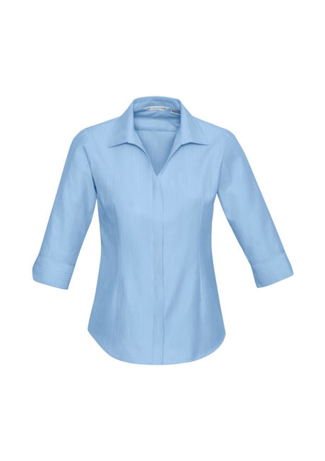 Ladies Preston 3/4 Sleeve Shirt in Blue, Size 12, featuring a V-neckline and self-stripe pattern for versatile styling.